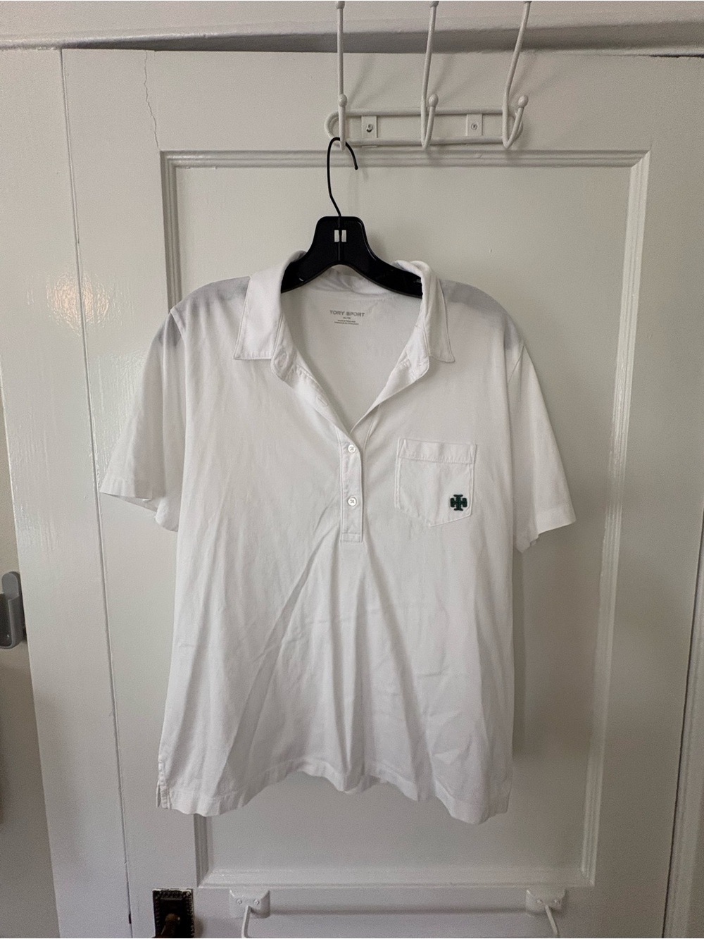 Tory Sport White Short Sleeve Polo with Green Clover Patch